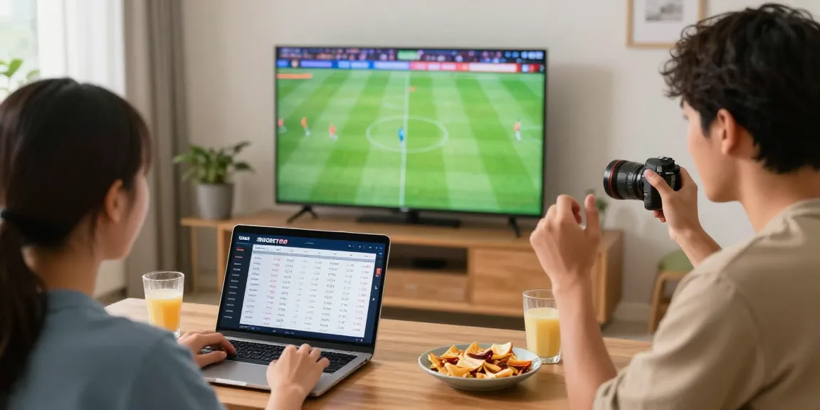 Enthusiastic bettor enjoying judi bola from home with live updates and snacks.