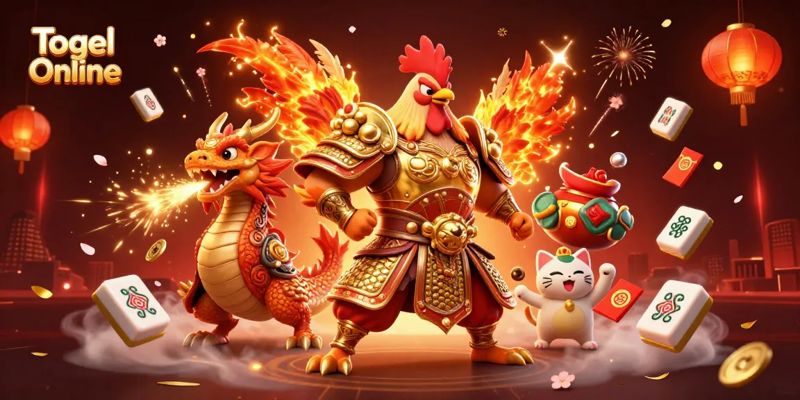 Engage in Togel Online excitement with a dynamic illustration featuring a golden samurai rooster and dragon hatchling.
