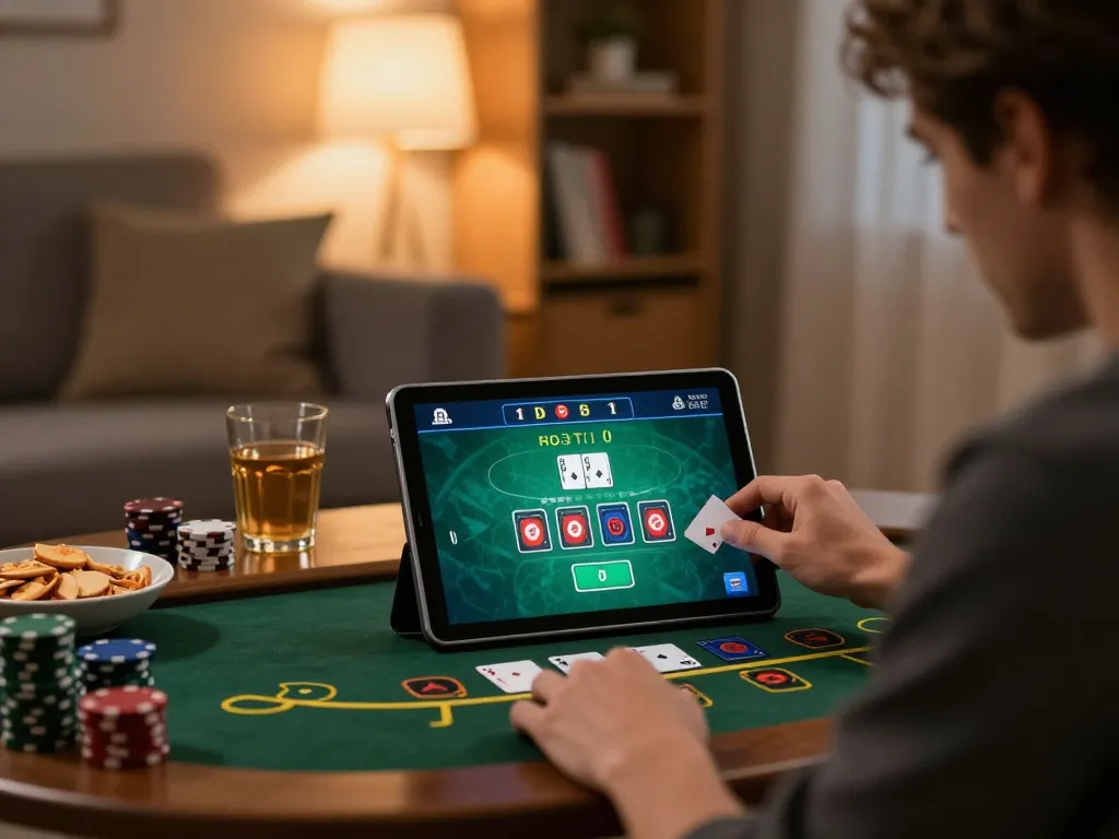 Player enjoying a strategic blackjack game on vaobet app in a cozy home atmosphere.