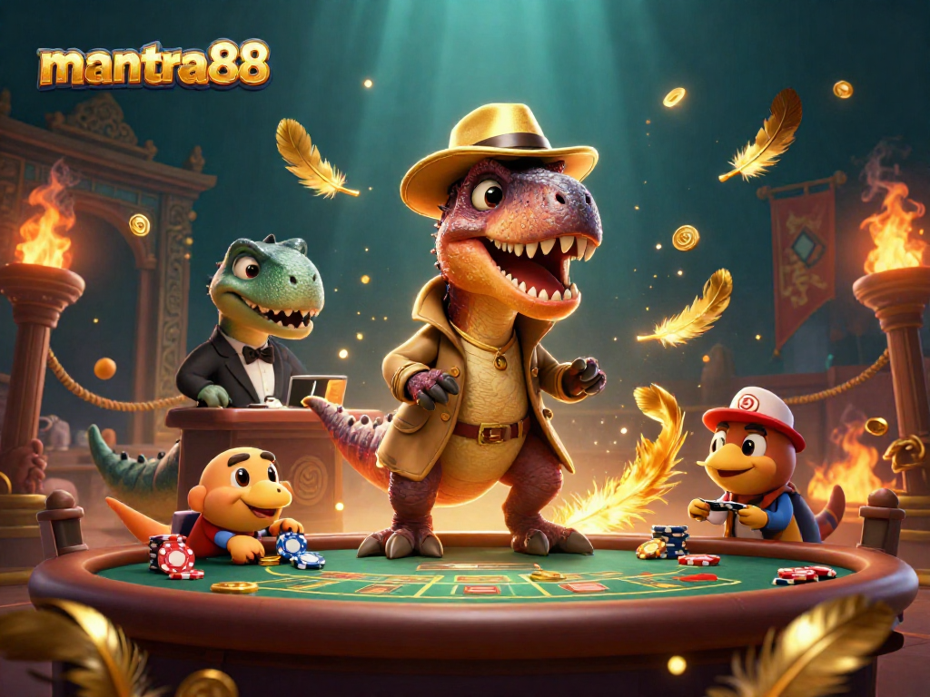 Engage with mantra88 in a thrilling casino scene featuring a cartoon velociraptor at the blackjack table.