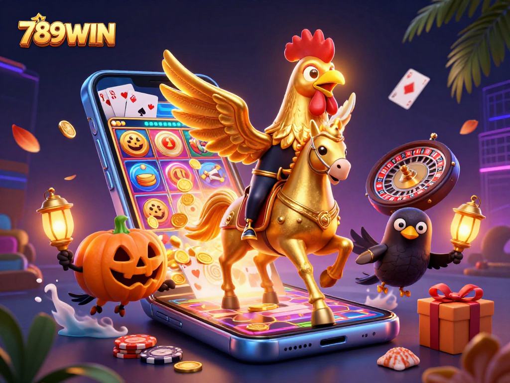 Immerse yourself in 789WIN's vibrant casino scene featuring a golden rooster on a spectral horse.