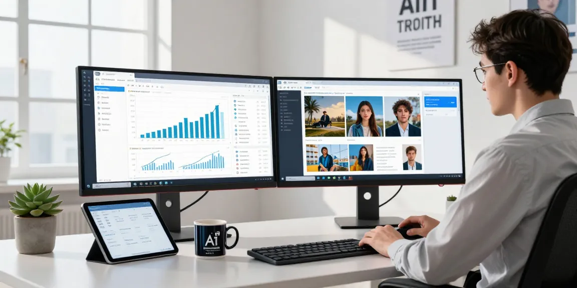 AI detector in a modern digital workspace analyzing images with detailed data visualizations.
