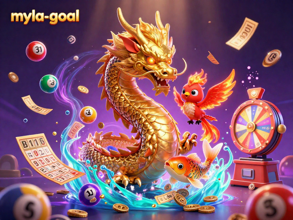Engage with myla-goal, as golden dragon and phoenix soar through vibrant casino elements.