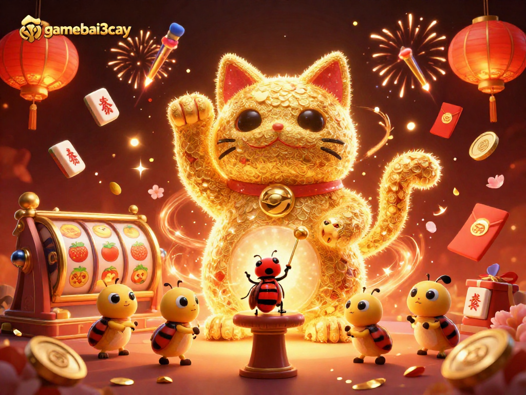 Engage with gamebai3cay's lively lucky cat scene filled with vibrant casino symbols and festive elements.