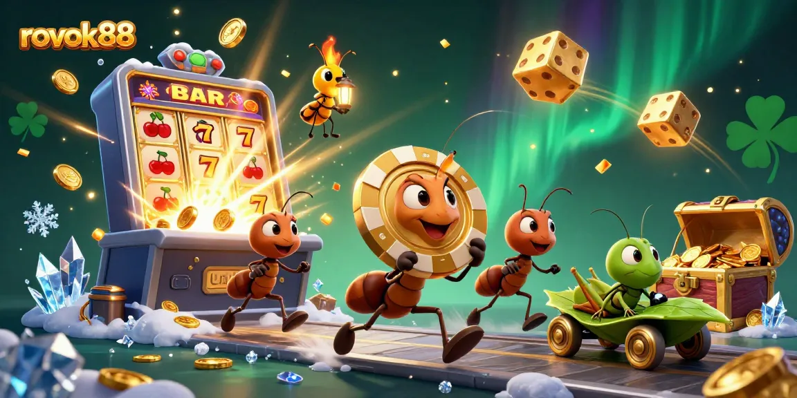 Experience the thrill at rokok88 with ants heisting a giant poker chip amid casino chaos.