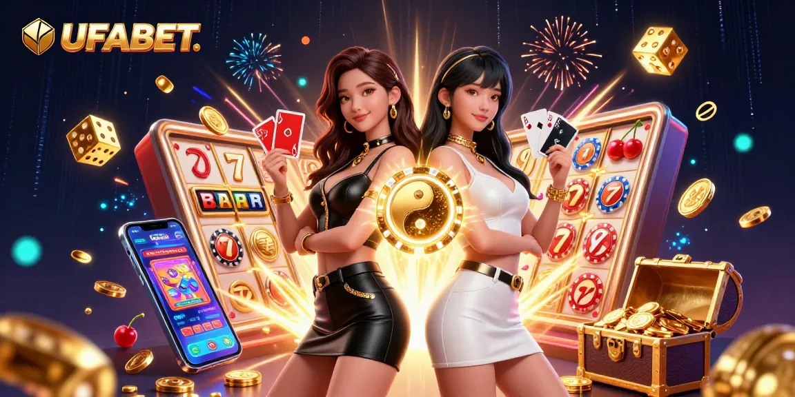 Engage with UFABET's vibrant 3D illustration showcasing gaming excitement with twin women wielding playing cards amidst a jackpot explosion.