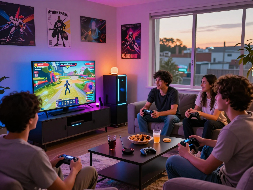 Friends enjoying an immersive porngame experience in a vibrant gaming room.
