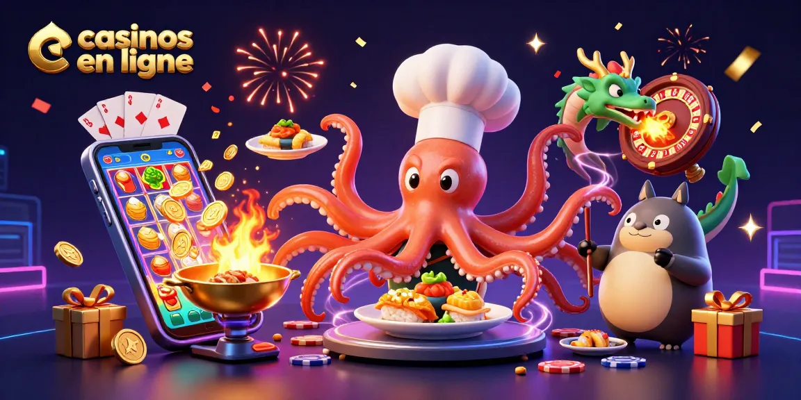 Jouez chez les casinos en ligne avec le chef sushi en pleine préparation et des dragons colorés.