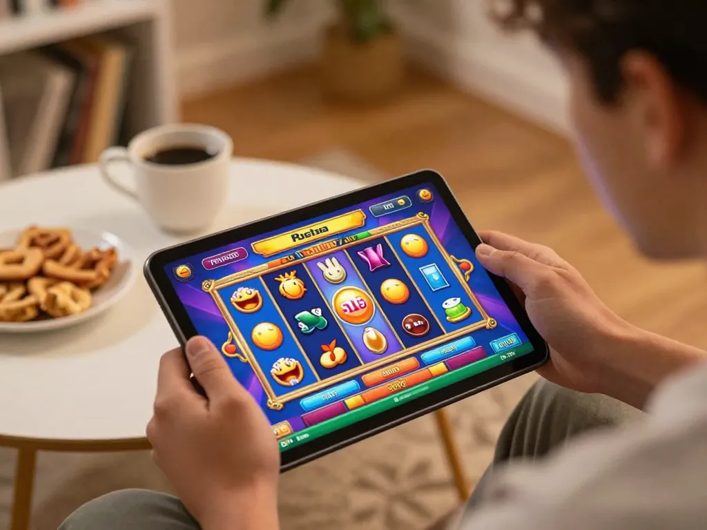 Engaging in slot pulsa gaming on a tablet with animated reels and vibrant symbols in cozy home