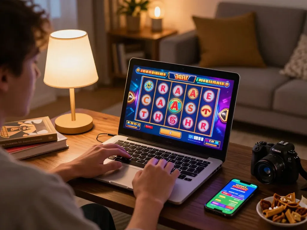 Engaging in the fabet online slot game with vibrant reels spinning on a laptop in a cozy home setting.