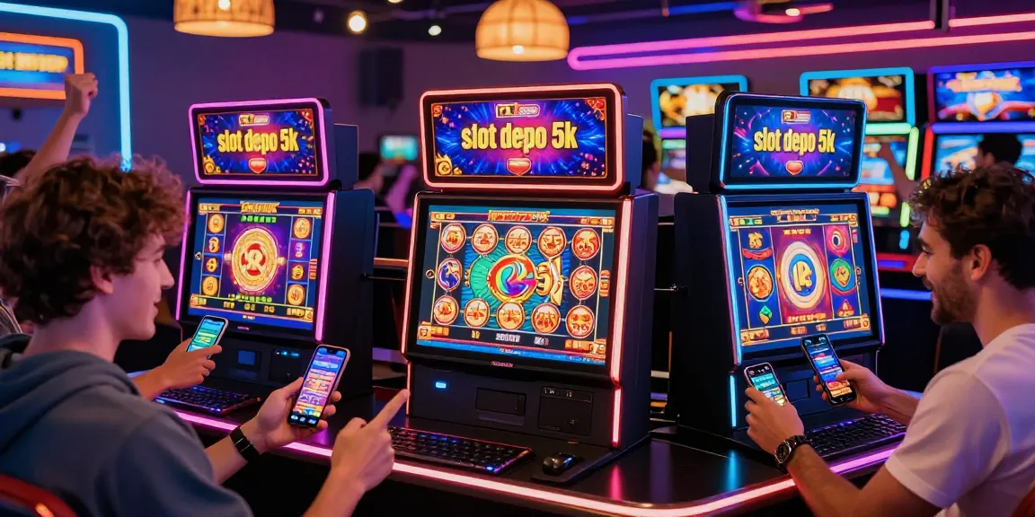 Players enjoying vibrant slot games in an online casino setting, emphasizing slot depo 5k deposits.
