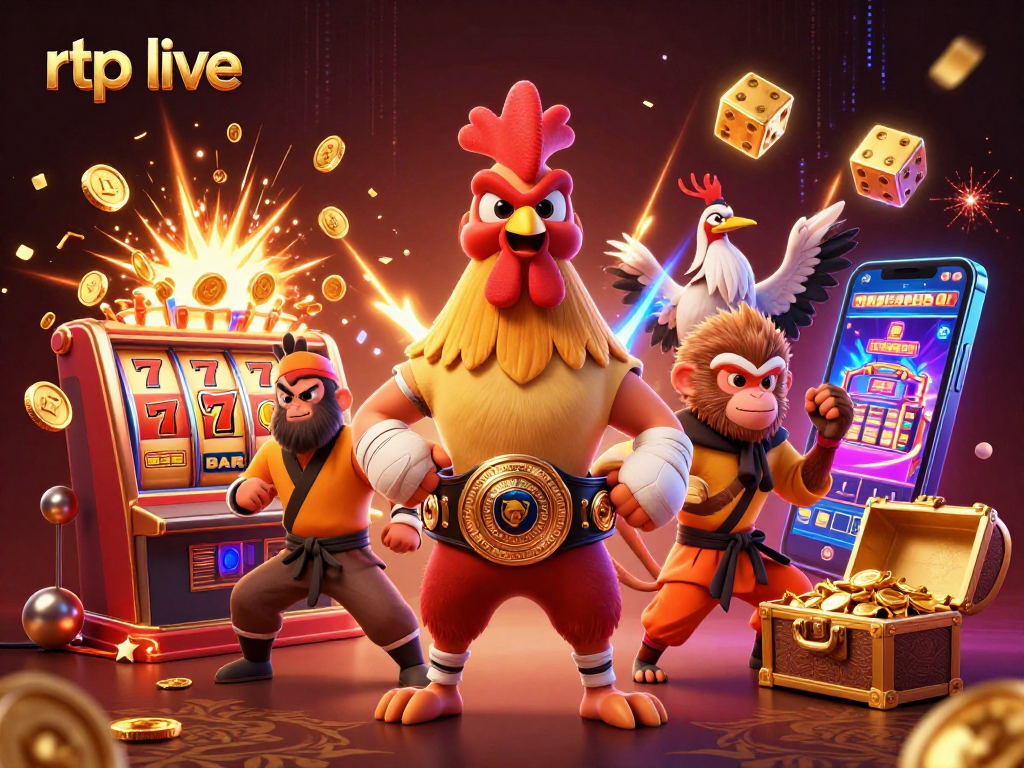 Experience the excitement of rtp live slots with a colorful 3D casino scene featuring unique characters.