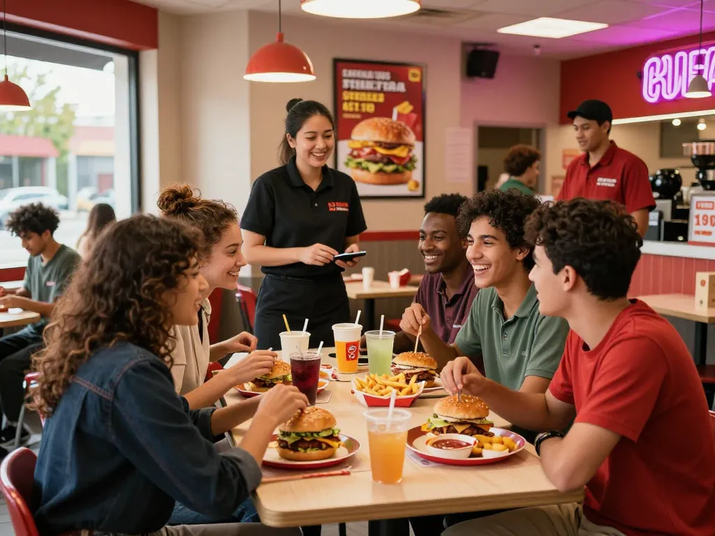 Group of friends enjoying fast food prices at a vibrant restaurant, showcasing diverse dishes and lively atmosphere.