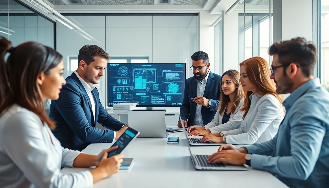 Collaborative EORMC AI blockchain development team in a modern tech office.