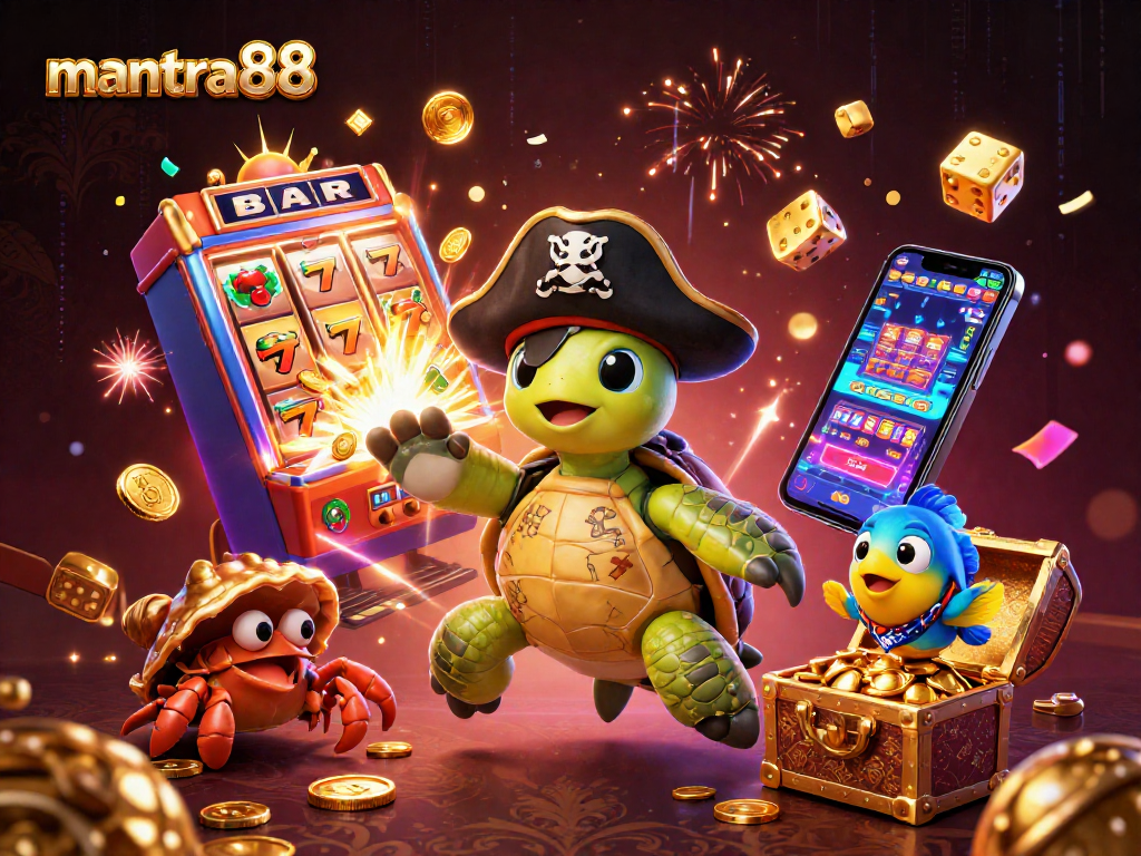 Engage with mantra88 games as a pirate turtle discovers treasures surrounded by vibrant casino elements.