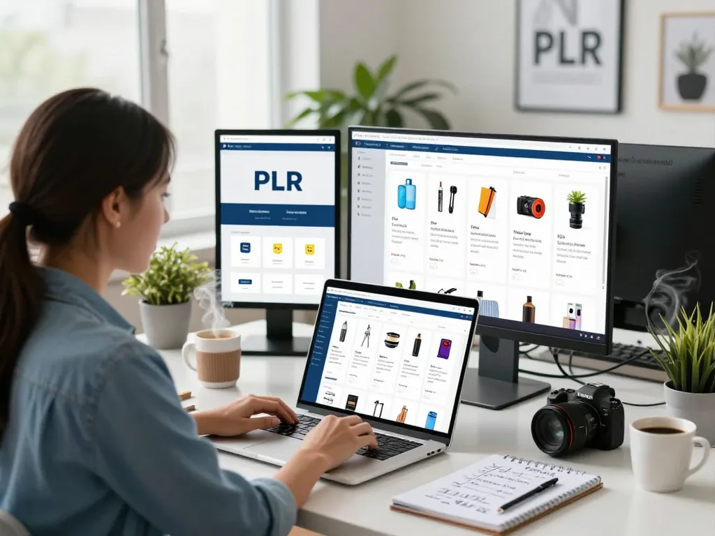 Buy PLR Products Online in a vibrant digital workspace with entrepreneur browsing colorful PLR catalog.