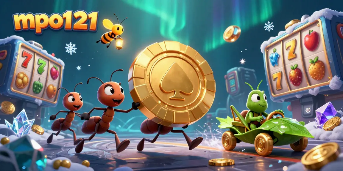Ants carrying a giant poker chip in mpo1221’s thrilling slot adventure scene.