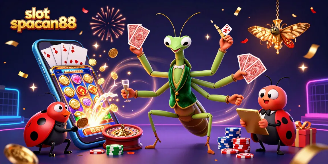Engage with slot spaceman88 as the mantis sharp shuffles cards and pours champagne in a vibrant casino.