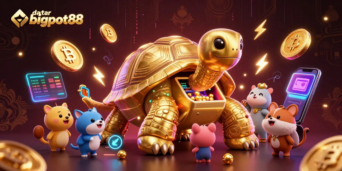 Play slots with daftar bigpot88, featuring a vibrant 3D tortoise pinball machine and crypto elements.