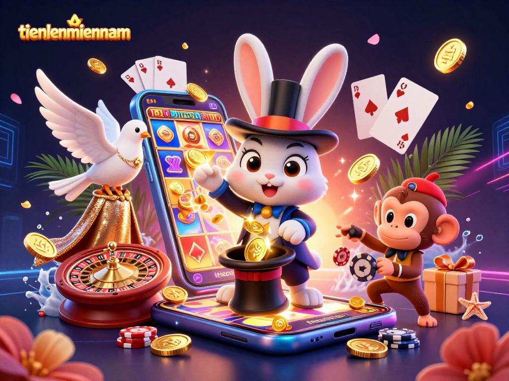 Watch the magician rabbit gaining fortune with the thrilling gameplay of tienlenmiennam in this vibrant 3D illustration.