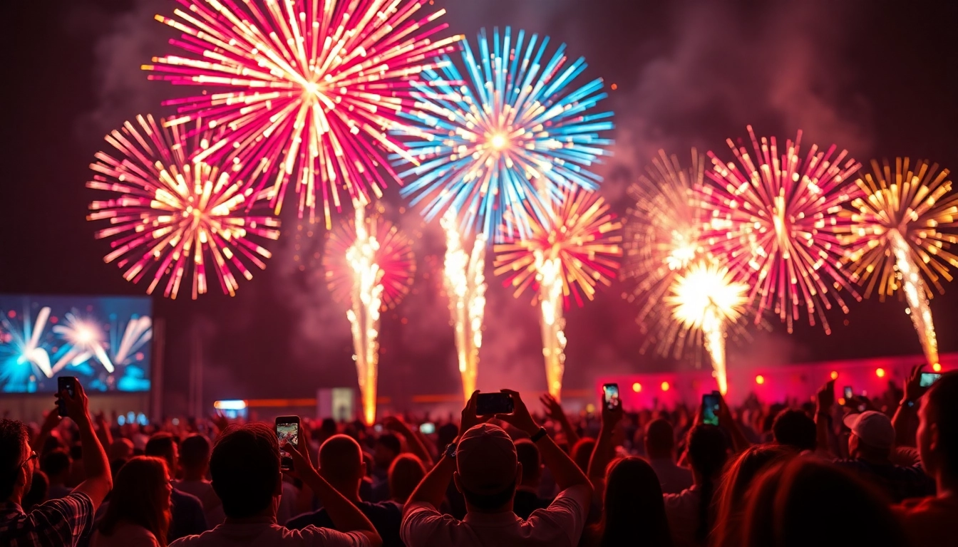 Buy fireworks Manchester with vibrant fireworks illuminating a festive crowd at an outdoor event. related image