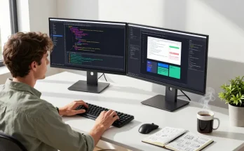 Developer using 截图工具 on dual monitors in a modern workspace, surrounded by tech tools and coffee.