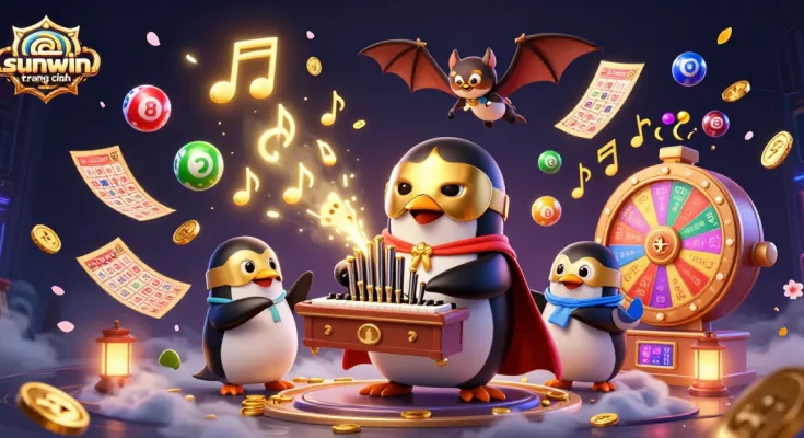 Experience sunwin trang chính with a 3D cartoon penguin playing a golden organ, surrounded by vibrant gaming elements.