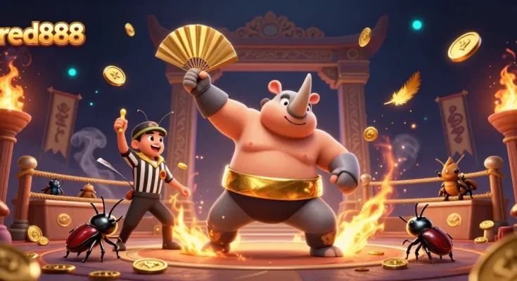 Experience winning with red888 as a beetle champion throws golden coins in a vibrant casino scene.