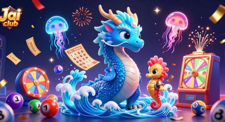 Engage with Jai club's exciting lottery games illustrated by a vibrant 3D dragon, knight, and jellyfish.