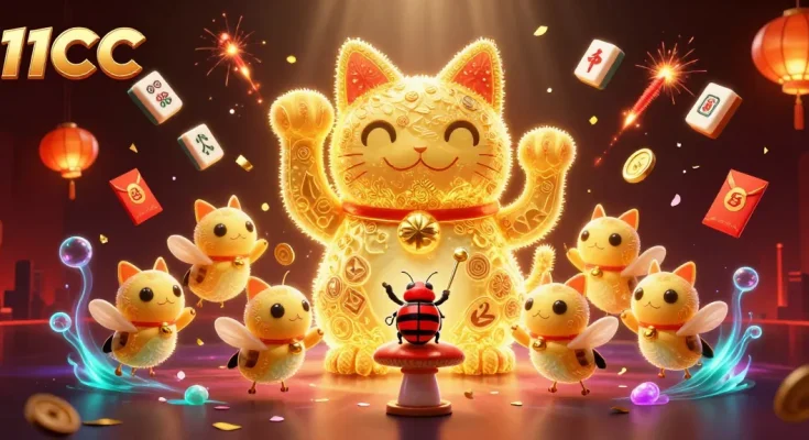 Experience the excitement of 11CC with a vibrant 3D lucky cat and casino symbols showcasing engaging gameplay.