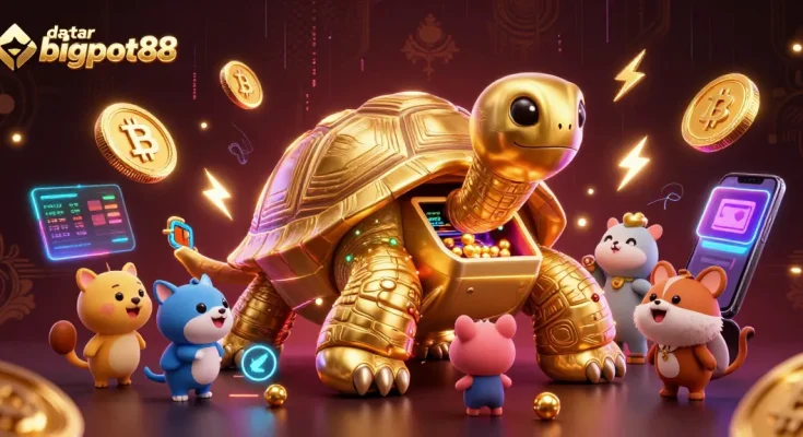 Play slots with daftar bigpot88, featuring a vibrant 3D tortoise pinball machine and crypto elements.